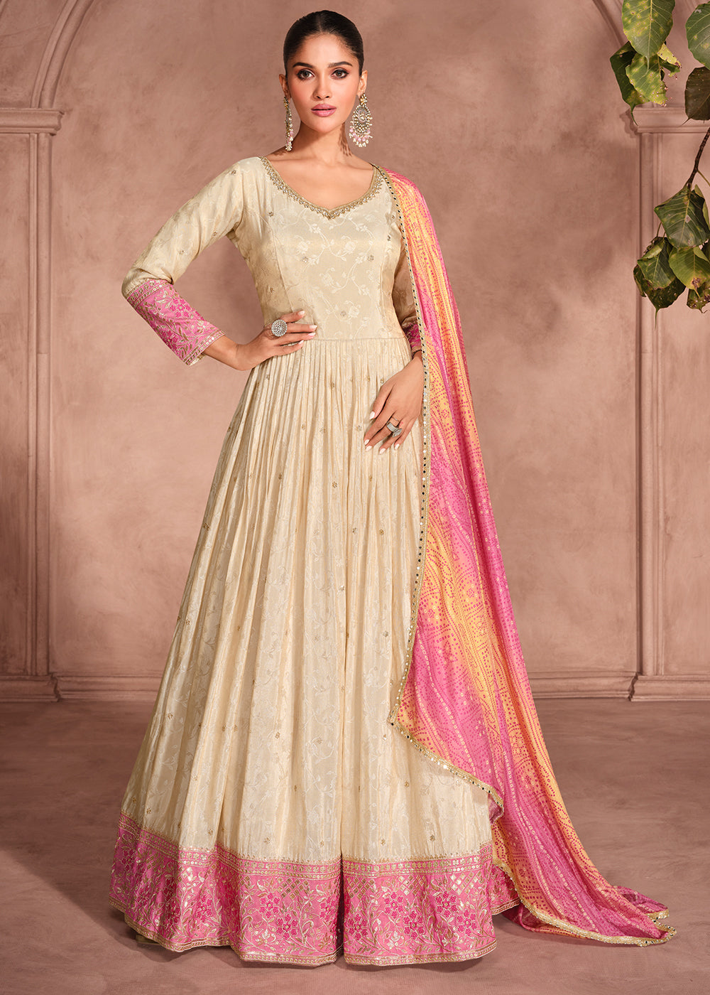 Cream White Anarkali Gown in Jacquard Silk Featuring Front and Back Em House of Sarvatii LLC Cream White Anarkali Gown in Jacquard Silk Featuring Front and Back Em House of Sarvatii LLC