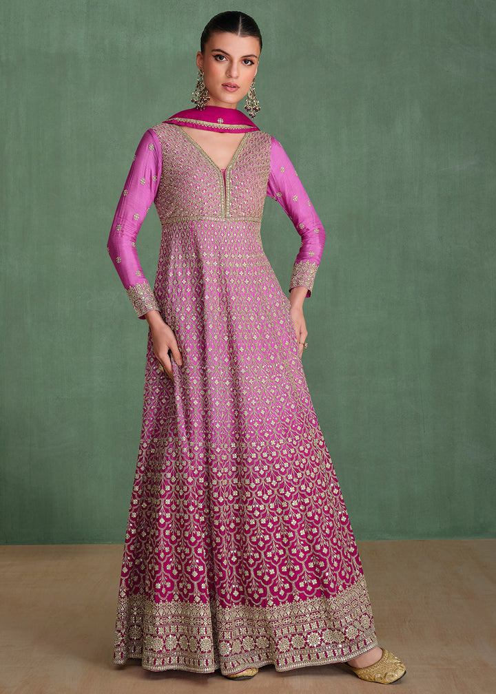 Purple-Hued Chinon Silk Anarkali Featuring Swarovski Diamond Embroidery