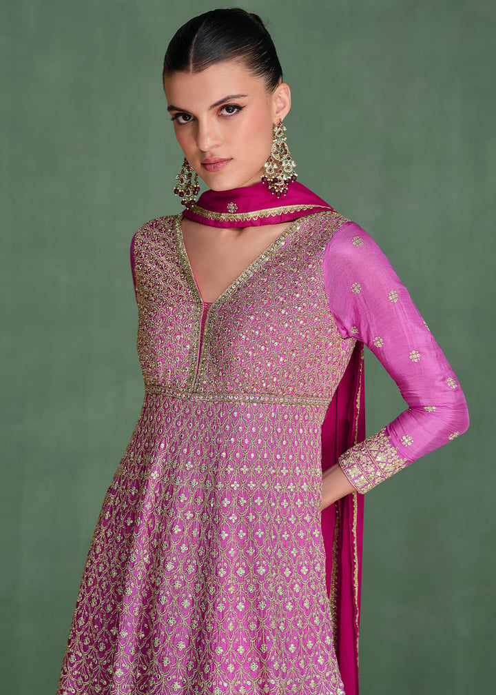 Purple-Hued Chinon Silk Anarkali Featuring Swarovski Diamond Embroidery