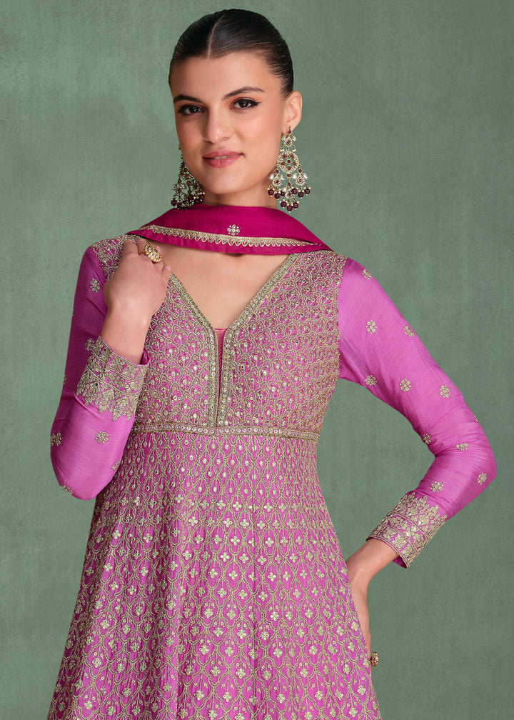 Purple-Hued Chinon Silk Anarkali Featuring Swarovski Diamond Embroidery