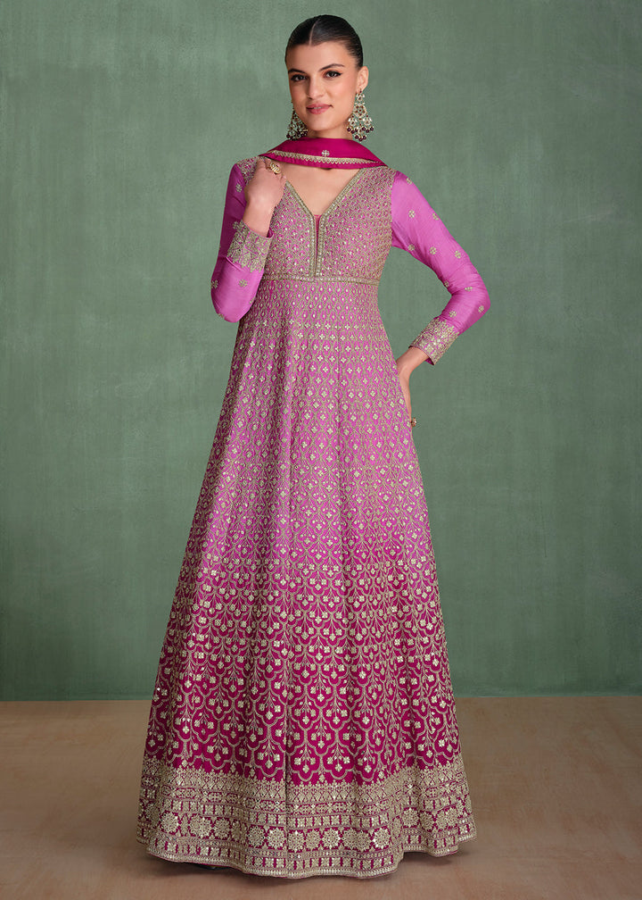 Purple-Hued Chinon Silk Anarkali Featuring Swarovski Diamond Embroidery