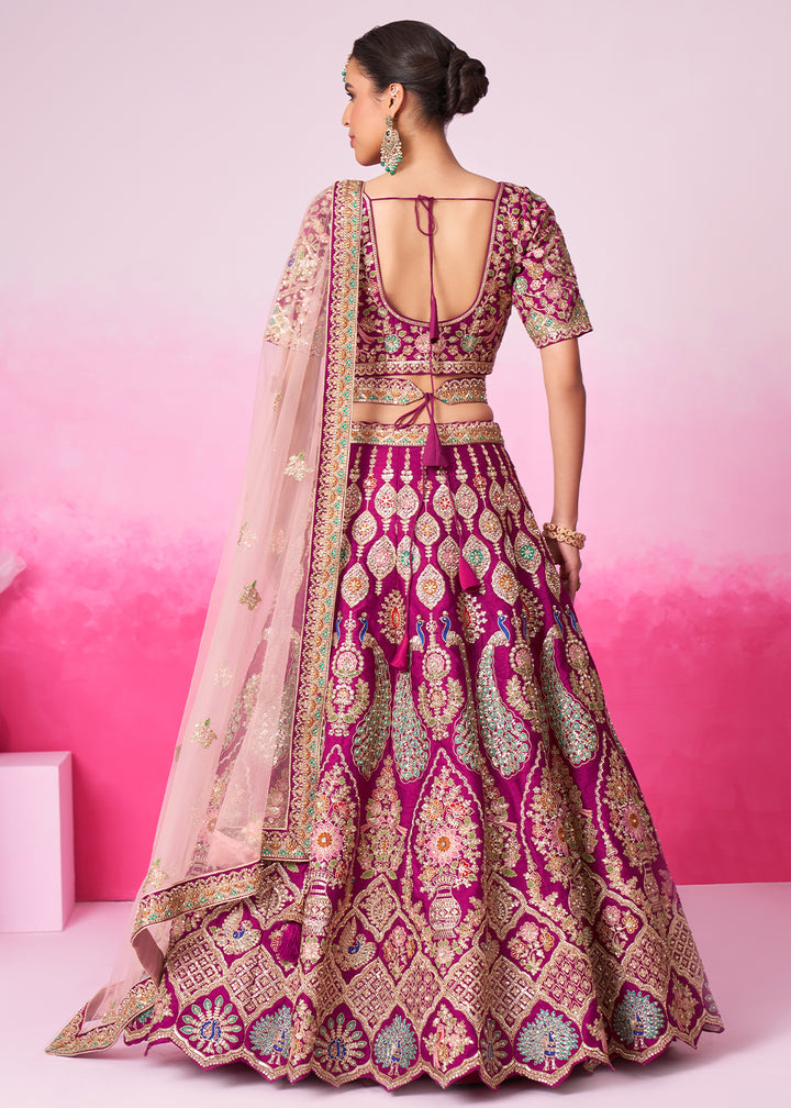 Magenta Purple Silk Lehenga Choli Adorned with Moti & Sequins Embroidery Work: Bridal Collection
