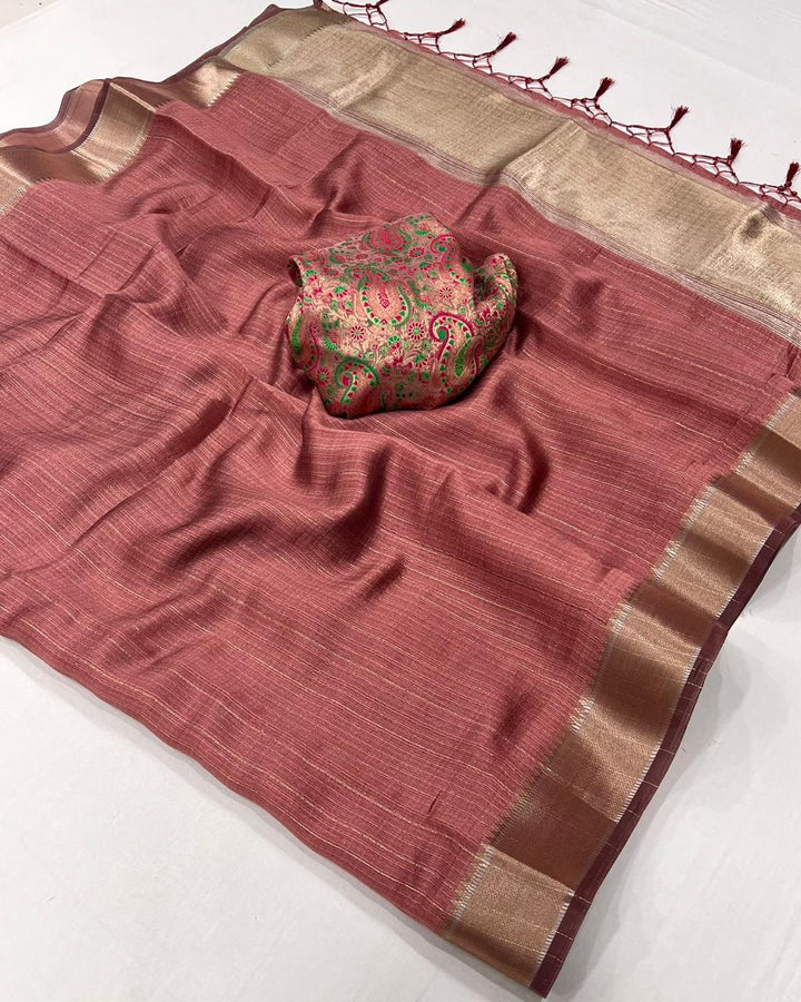 Dark Blush Pink Handwoven Chiffon Silk Saree
