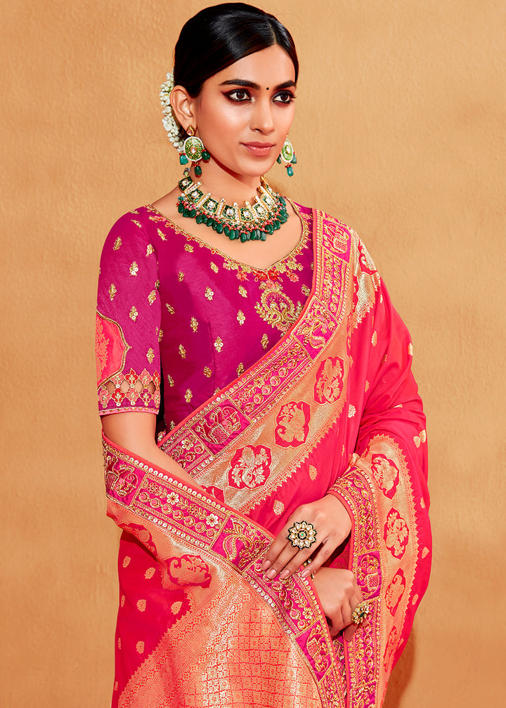 Pink & Purple Half N Half Banarasi Silk Saree with Elegant Embroidery