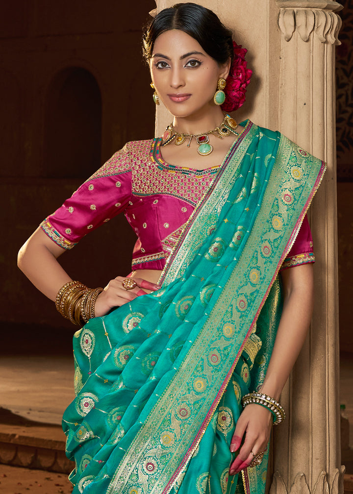 Jade Green Saree in Satin Silk with Zari Accents and Embroidered Blouse