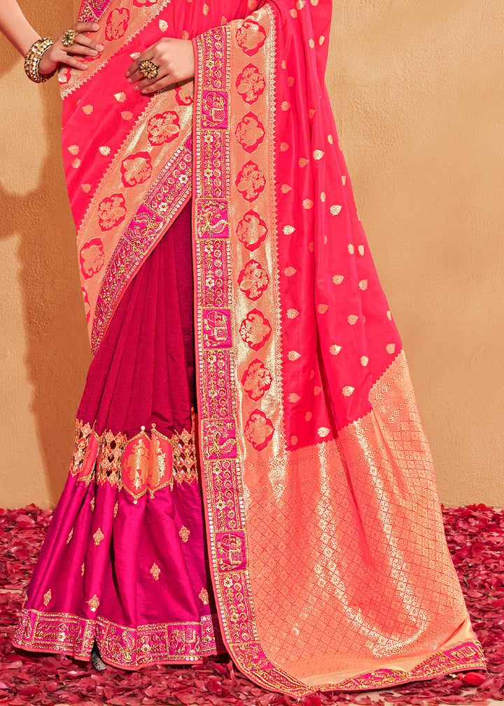 Pink & Purple Half N Half Banarasi Silk Saree with Elegant Embroidery