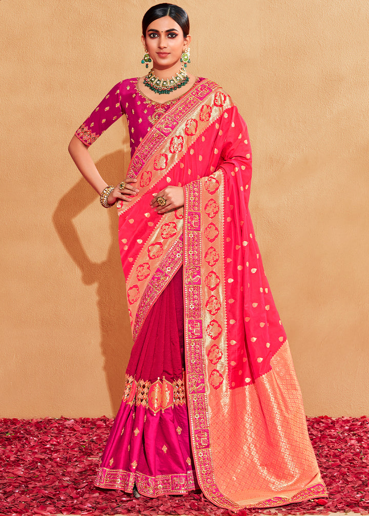 Pink & Purple Half N Half Banarasi Silk Saree with Elegant Embroidery