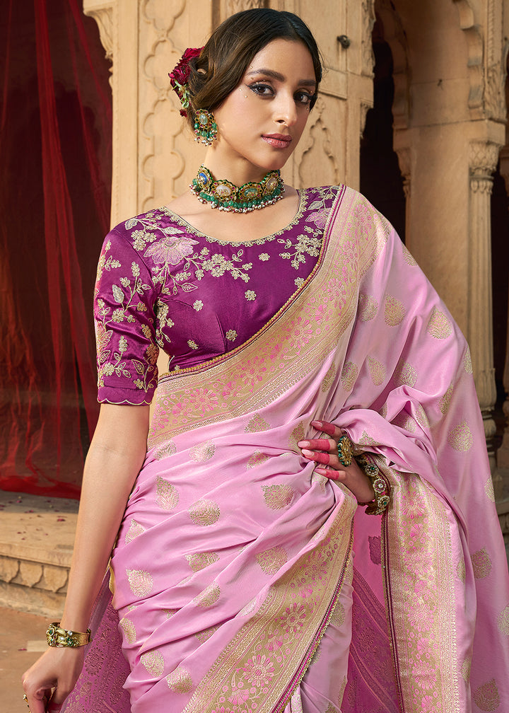 Helio Purple Saree in Satin Silk with Zari Accents and Embroidered Blouse