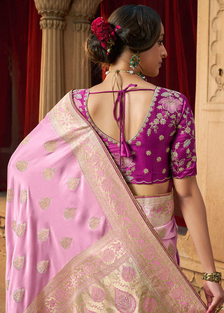 Helio Purple Saree in Satin Silk with Zari Accents and Embroidered Blouse