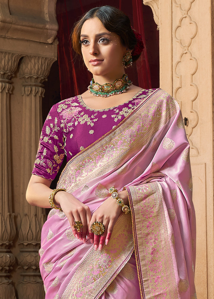 Helio Purple Saree in Satin Silk with Zari Accents and Embroidered Blouse
