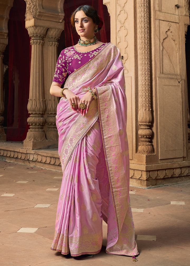 Helio Purple Saree in Satin Silk with Zari Accents and Embroidered Blouse