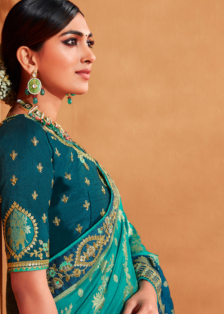 Blue & Grey Half N Half Banarasi Silk Saree with Elegant Embroidery