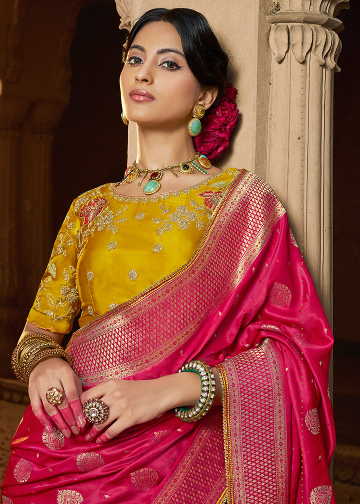 Hot Pink Saree in Satin Silk with Zari Accents and Embroidered Blouse