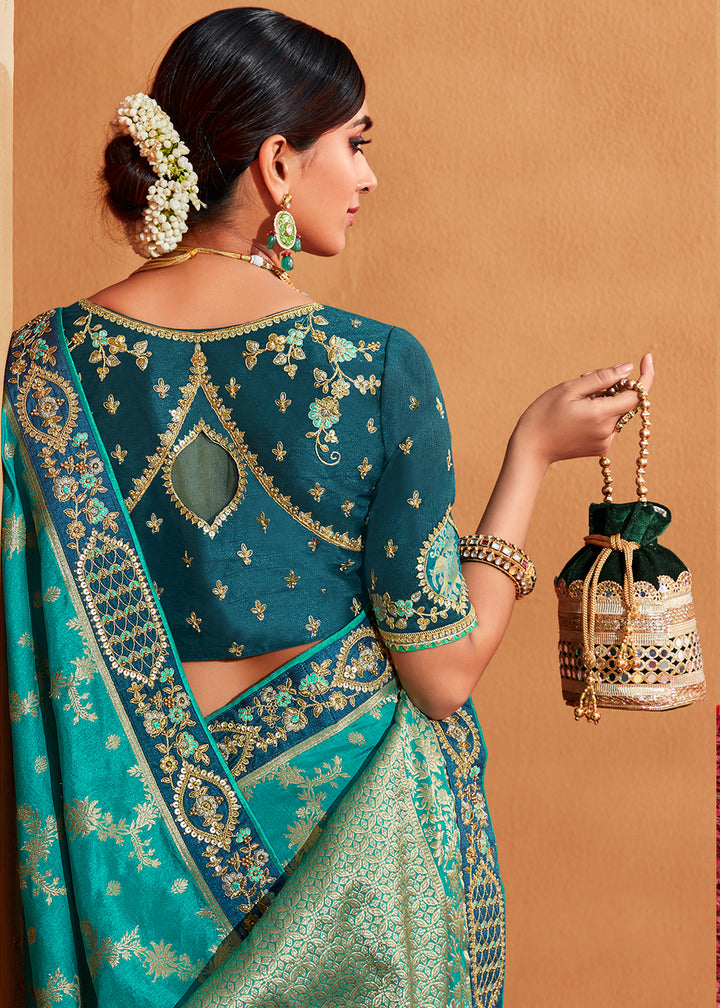 Blue & Grey Half N Half Banarasi Silk Saree with Elegant Embroidery