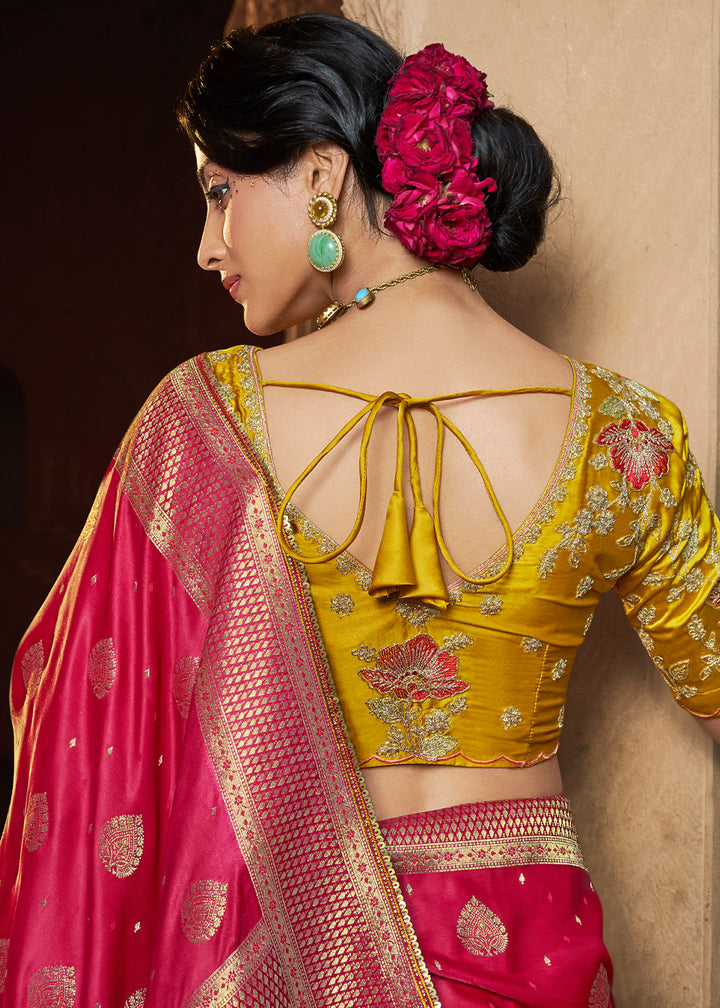 Hot Pink Saree in Satin Silk with Zari Accents and Embroidered Blouse