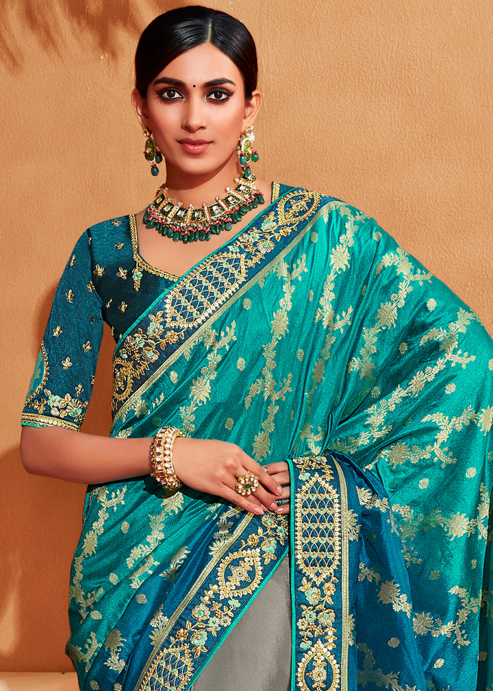 Blue & Grey Half N Half Banarasi Silk Saree with Elegant Embroidery