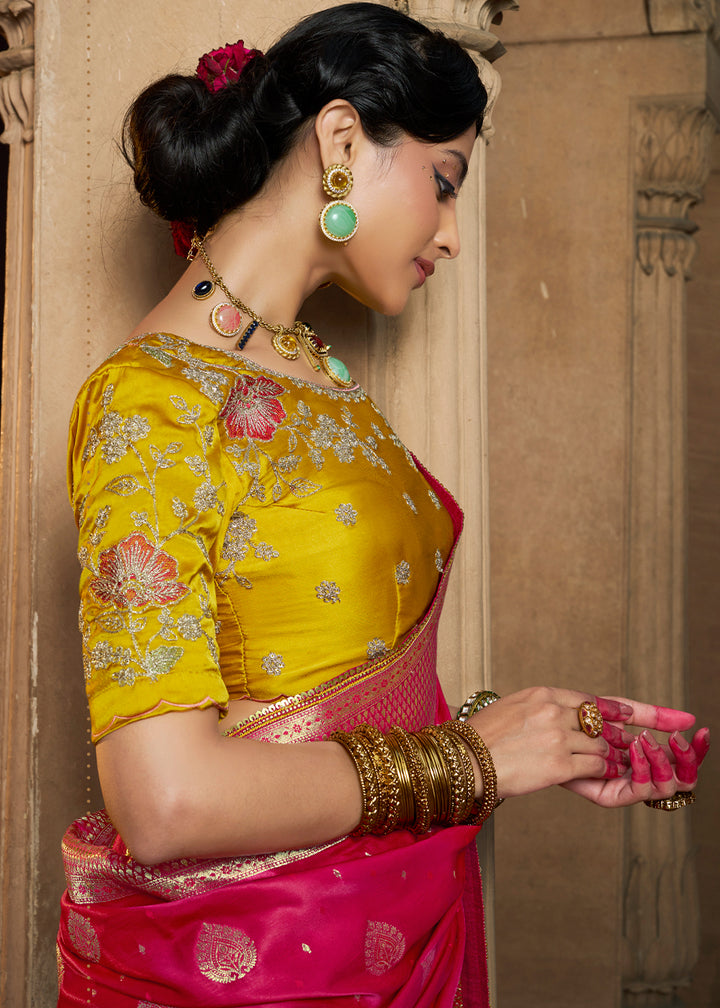 Hot Pink Saree in Satin Silk with Zari Accents and Embroidered Blouse