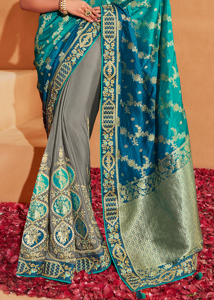 Blue & Grey Half N Half Banarasi Silk Saree with Elegant Embroidery