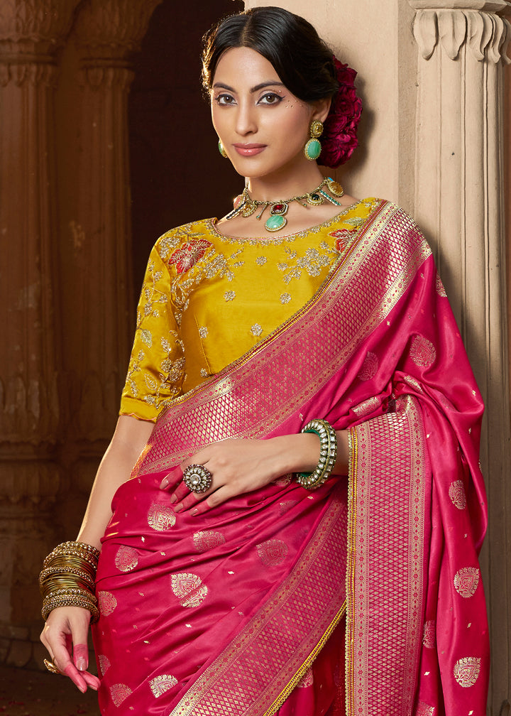 Hot Pink Saree in Satin Silk with Zari Accents and Embroidered Blouse