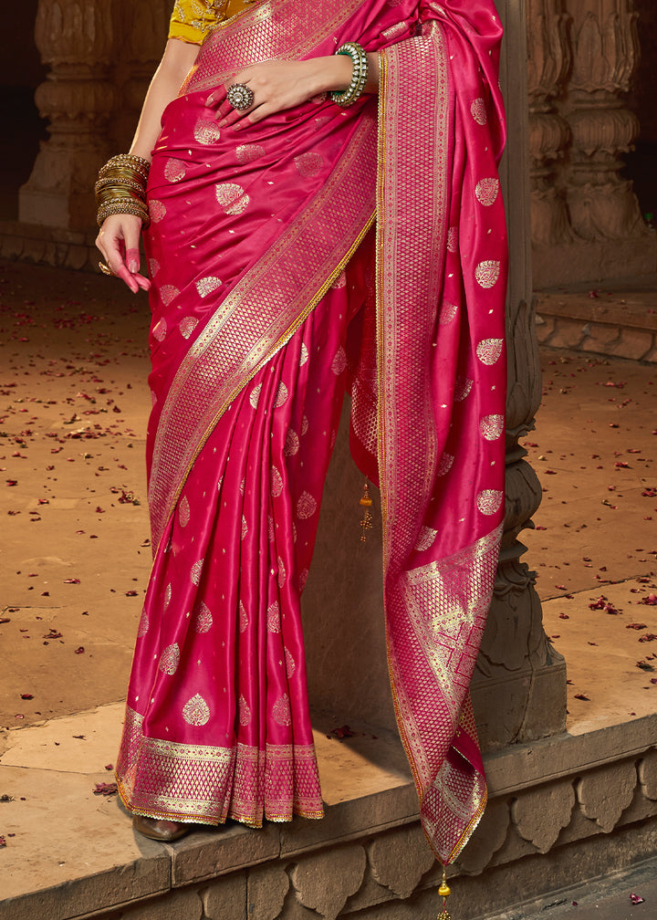Hot Pink Saree in Satin Silk with Zari Accents and Embroidered Blouse