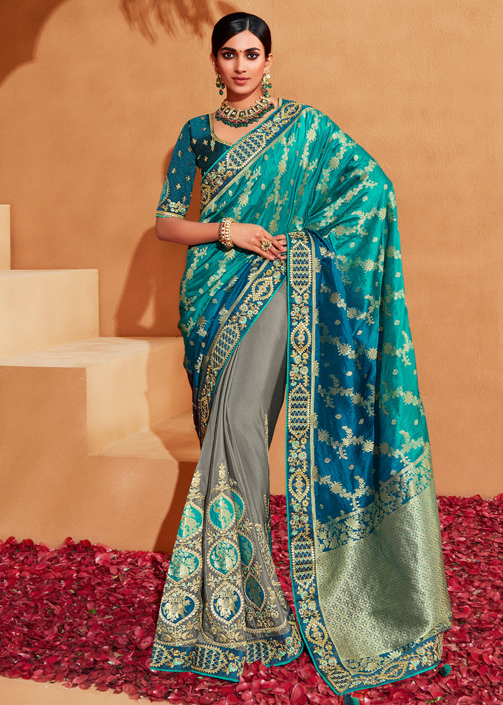 Blue & Grey Half N Half Banarasi Silk Saree with Elegant Embroidery