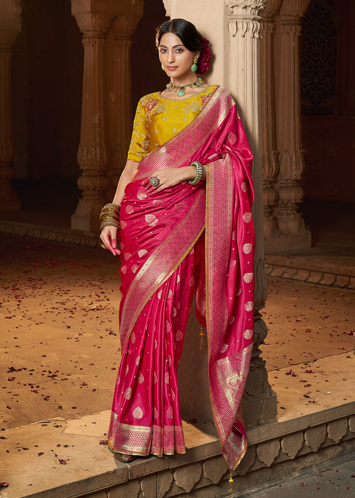 Hot Pink Saree in Satin Silk with Zari Accents and Embroidered Blouse