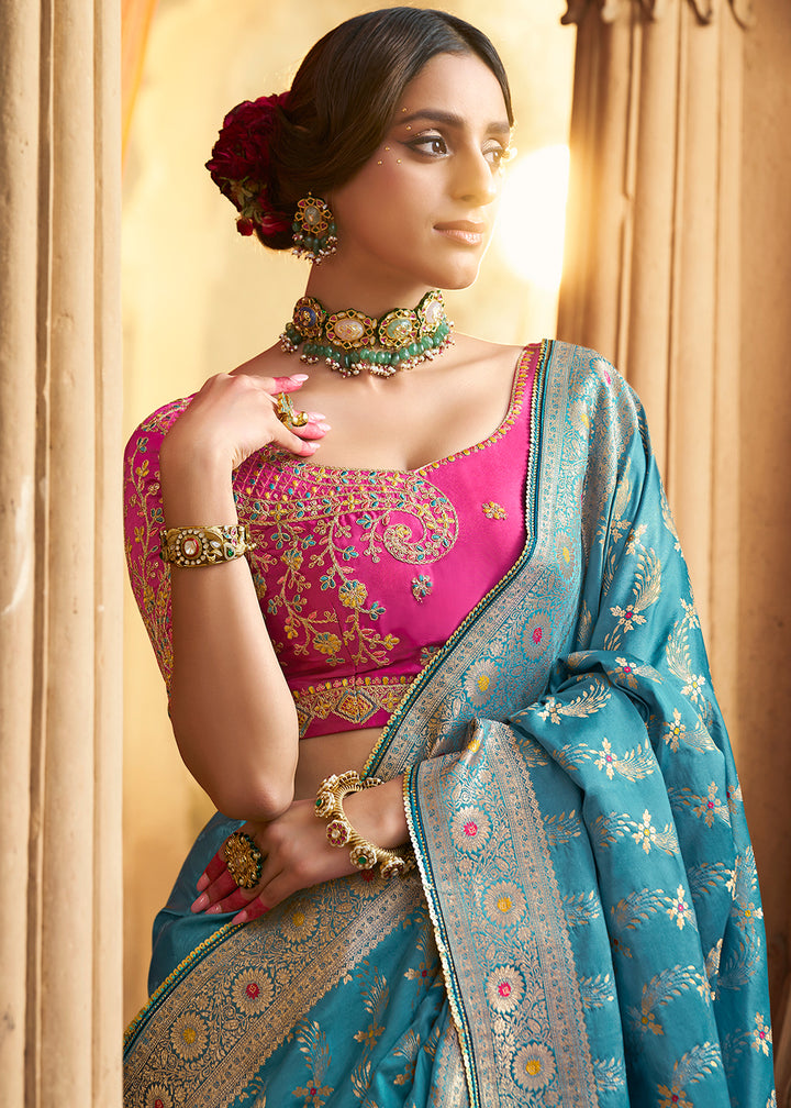 Uranian Blue Saree in Satin Silk with Zari Accents and Embroidered Blouse