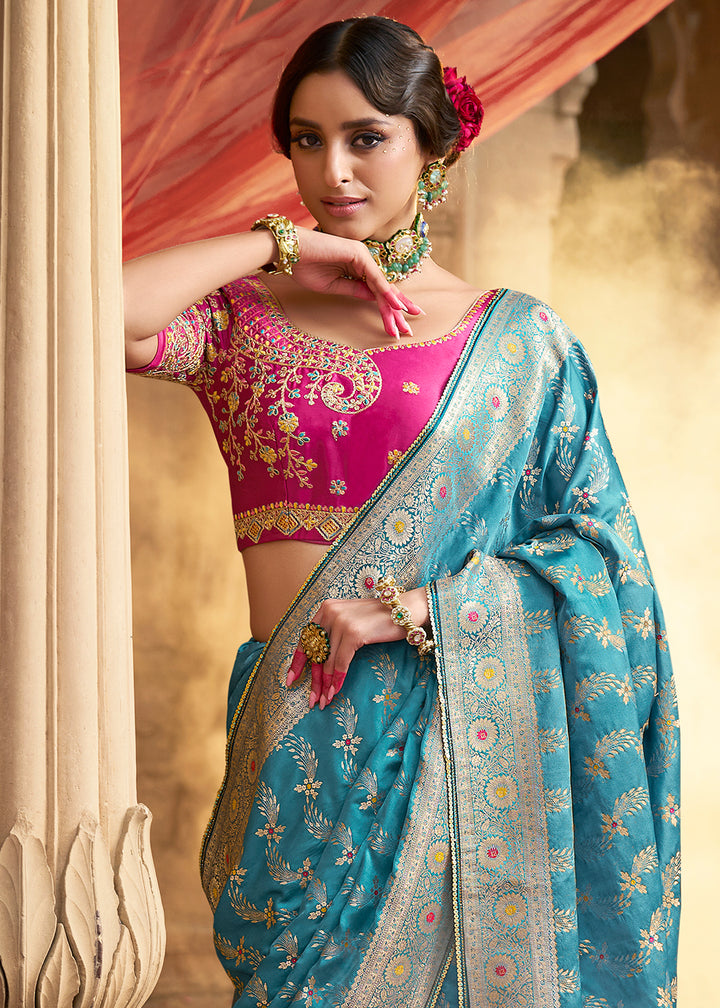 Uranian Blue Saree in Satin Silk with Zari Accents and Embroidered Blouse