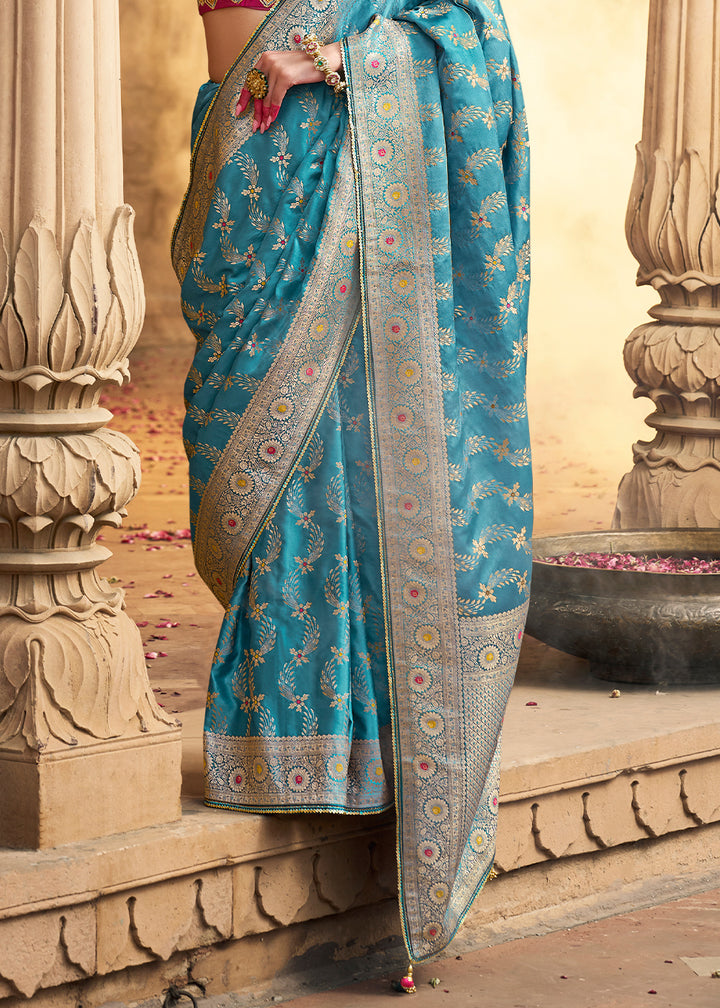Uranian Blue Saree in Satin Silk with Zari Accents and Embroidered Blouse