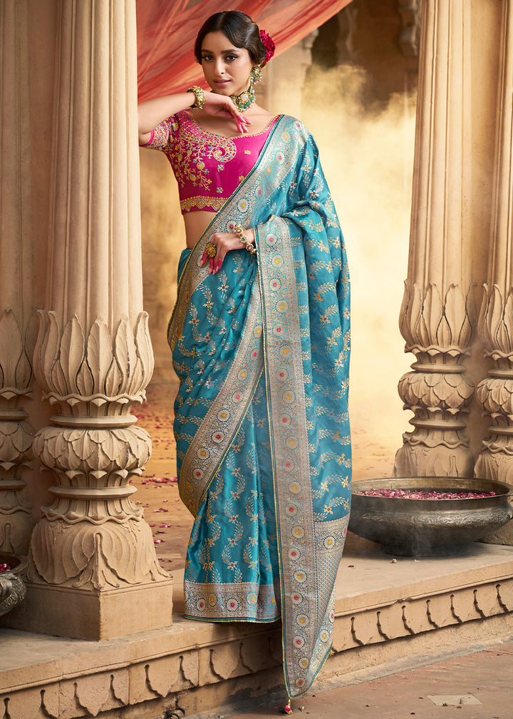 Uranian Blue Saree in Satin Silk with Zari Accents and Embroidered Blouse