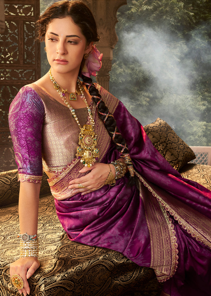 Irish Purple Banarasi Silk Saree Featuring an Elegant Border
