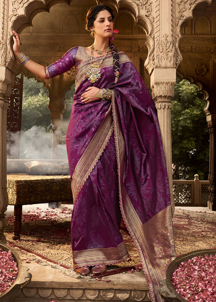 Irish Purple Banarasi Silk Saree Featuring an Elegant Border