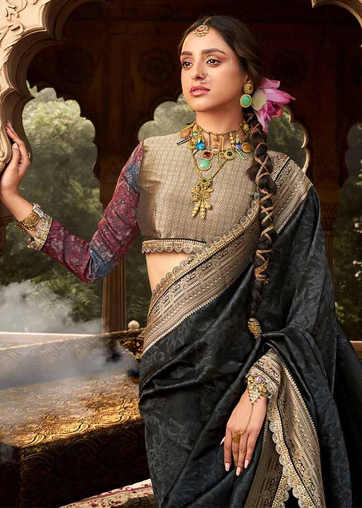 Raven Black Banarasi Silk Saree Featuring an Elegant Border