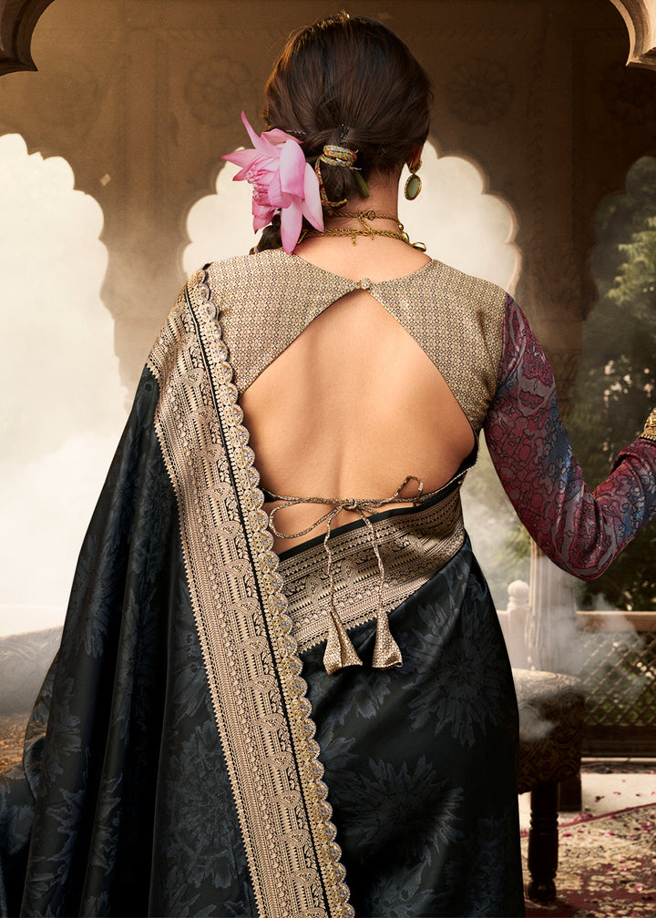 Raven Black Banarasi Silk Saree Featuring an Elegant Border