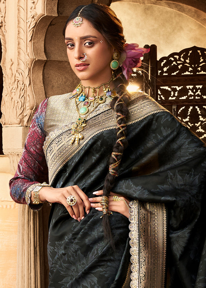 Raven Black Banarasi Silk Saree Featuring an Elegant Border