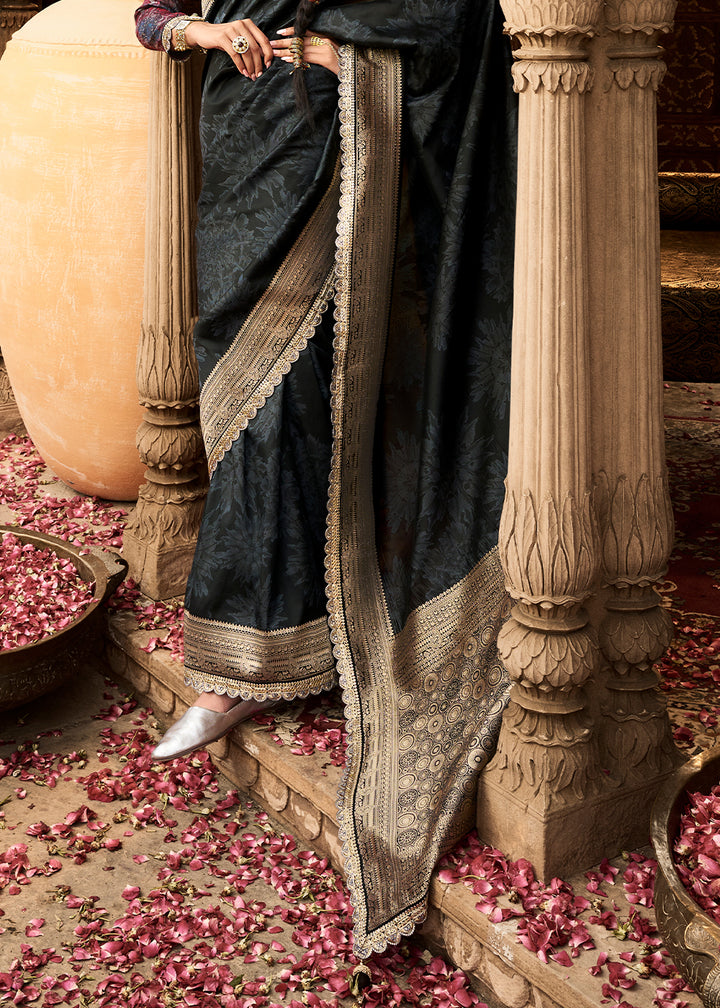 Raven Black Banarasi Silk Saree Featuring an Elegant Border