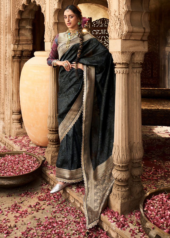 Raven Black Banarasi Silk Saree Featuring an Elegant Border