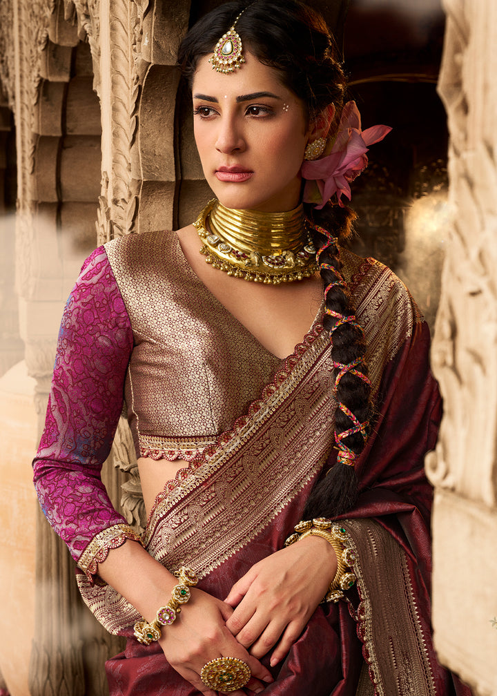 Maroon Red Banarasi Silk Saree Featuring an Elegant Border