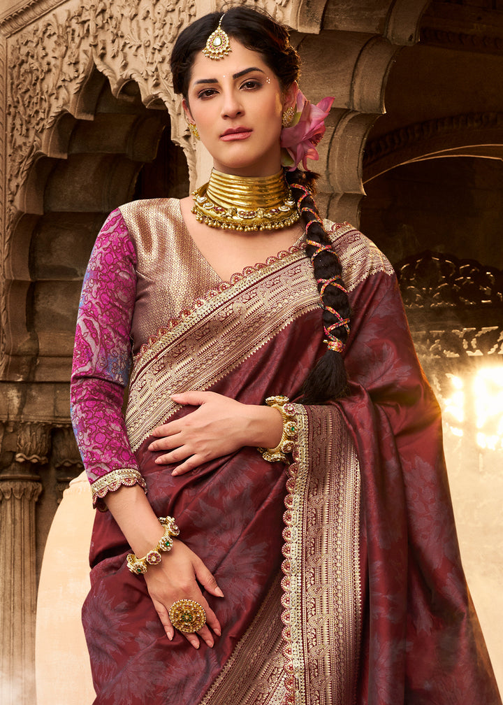 Maroon Red Banarasi Silk Saree Featuring an Elegant Border