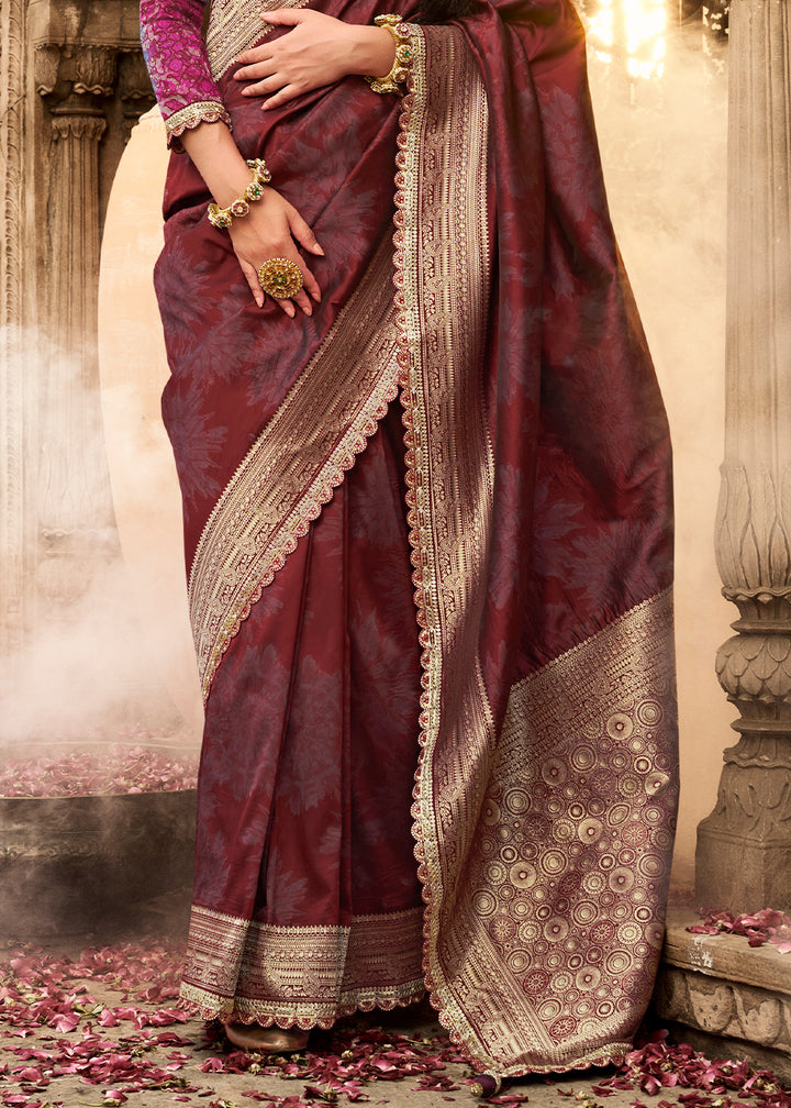 Maroon Red Banarasi Silk Saree Featuring an Elegant Border