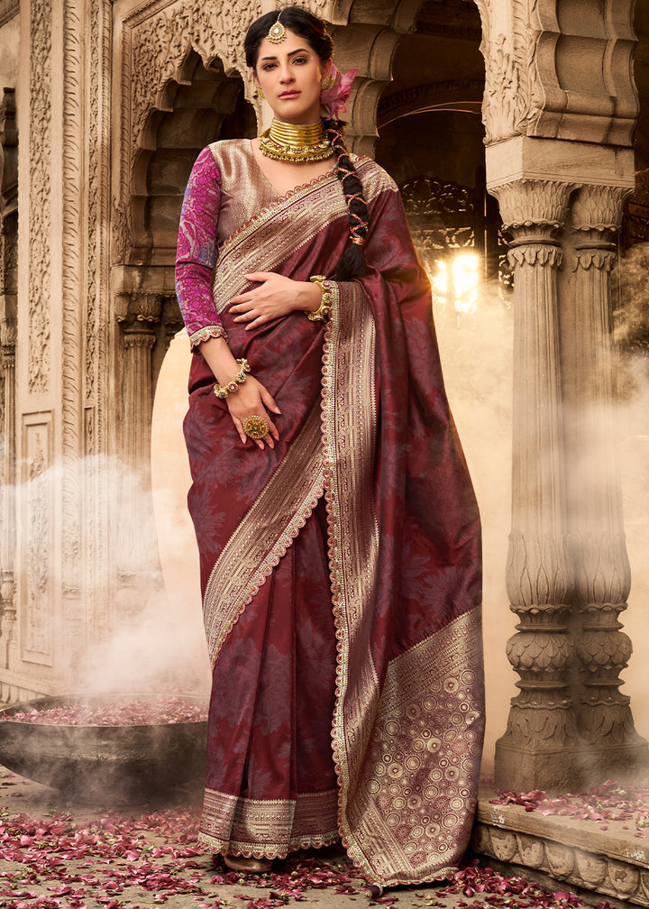 Maroon Red Banarasi Silk Saree Featuring an Elegant Border