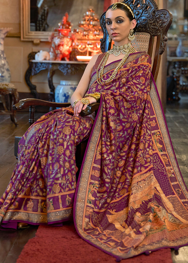 Irish Purple Silk Saree Adorned with Floral Jaal and Zari Weaving