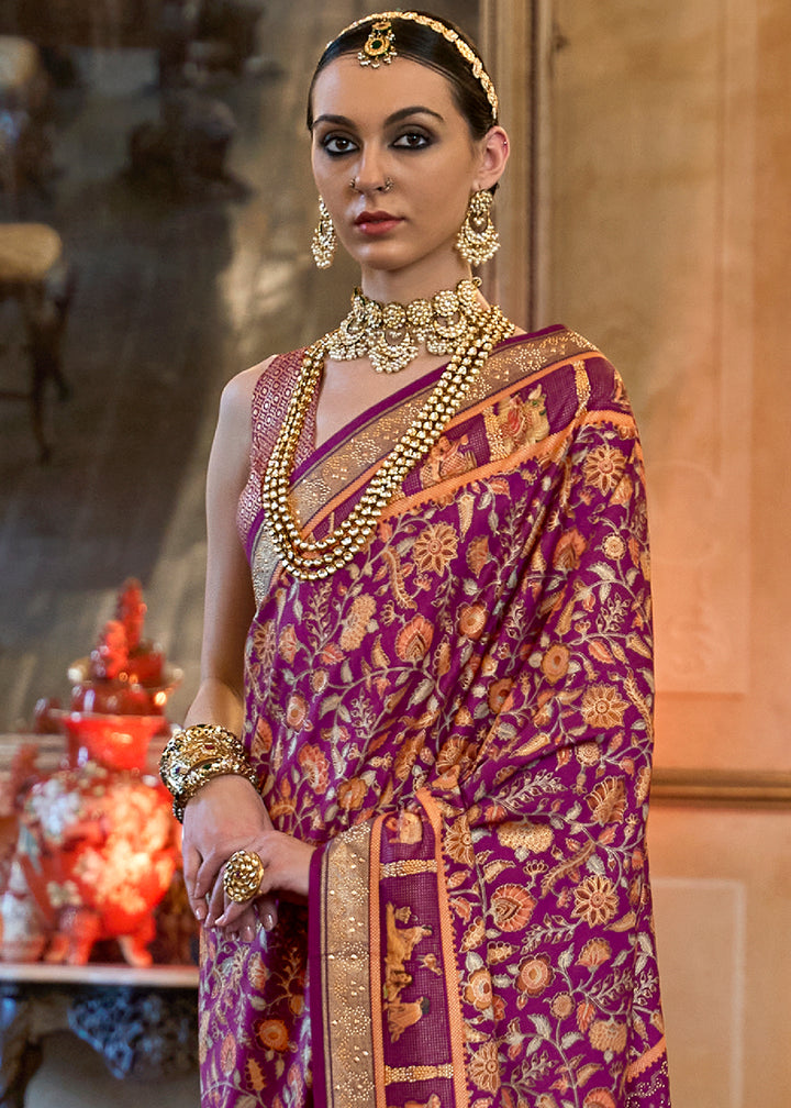 Irish Purple Silk Saree Adorned with Floral Jaal and Zari Weaving