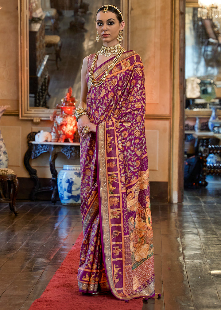Irish Purple Silk Saree Adorned with Floral Jaal and Zari Weaving