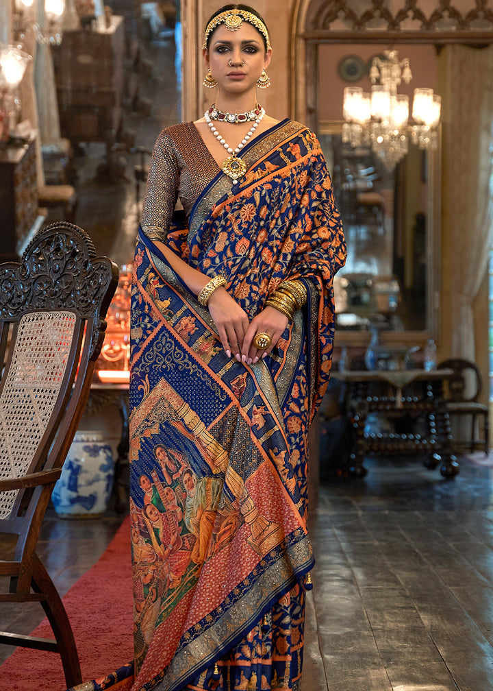 Navy Blue Silk Saree Adorned with Floral Jaal and Zari Weaving