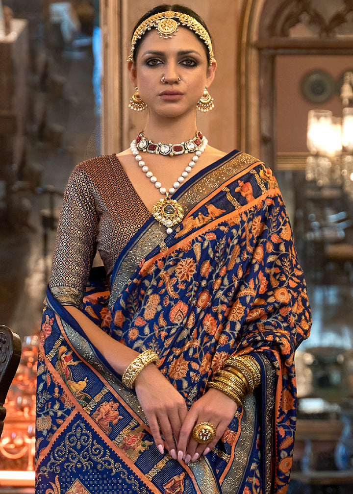 Navy Blue Silk Saree Adorned with Floral Jaal and Zari Weaving