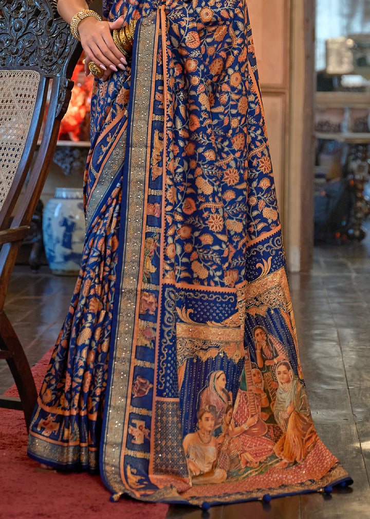 Navy Blue Silk Saree Adorned with Floral Jaal and Zari Weaving