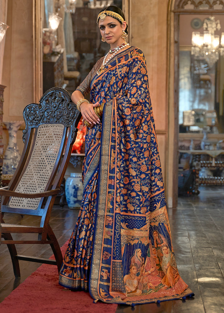 Navy Blue Silk Saree Adorned with Floral Jaal and Zari Weaving