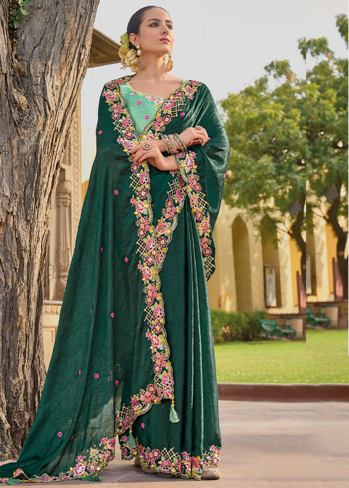 Castleton Green Tissue Organza Silk Saree with Embroidered Cutwork Border & Stone Sequins