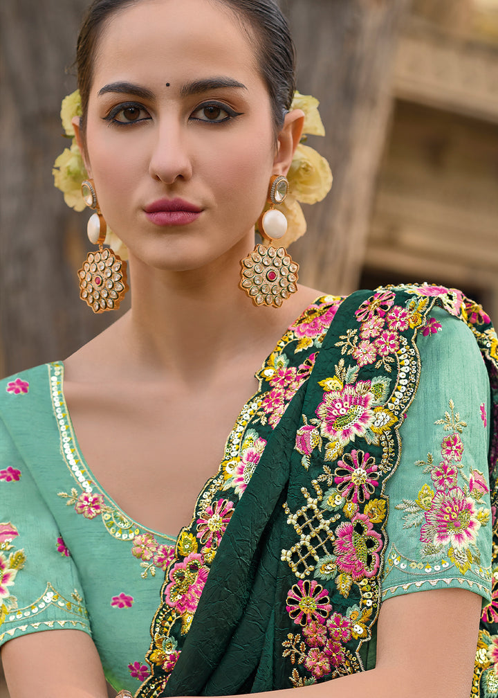 Castleton Green Tissue Organza Silk Saree with Embroidered Cutwork Border & Stone Sequins